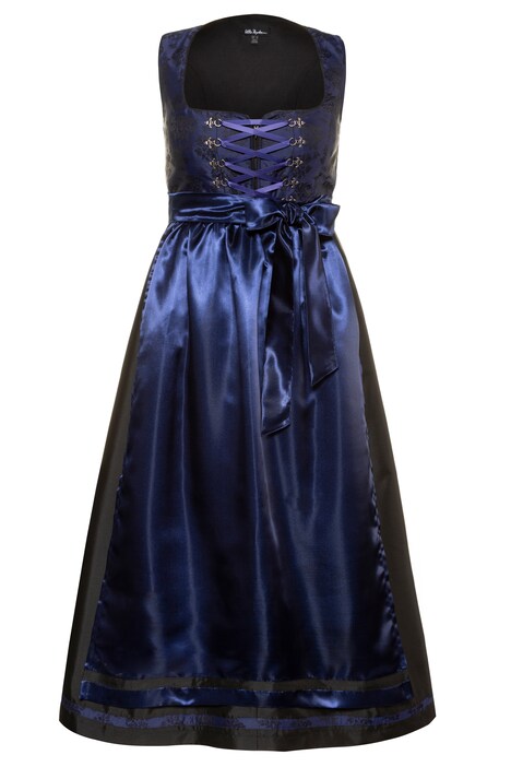 Dirndl, růžový žakár, ozdobné šněrování, saténová zástěra