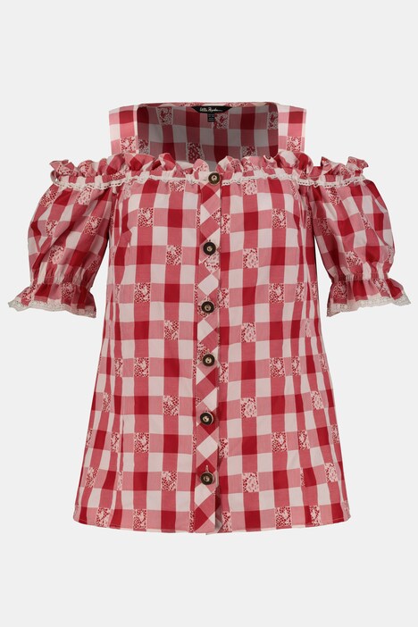 Blusa de tirantes, patrón de cuadros, encaje, de hombros desnudos