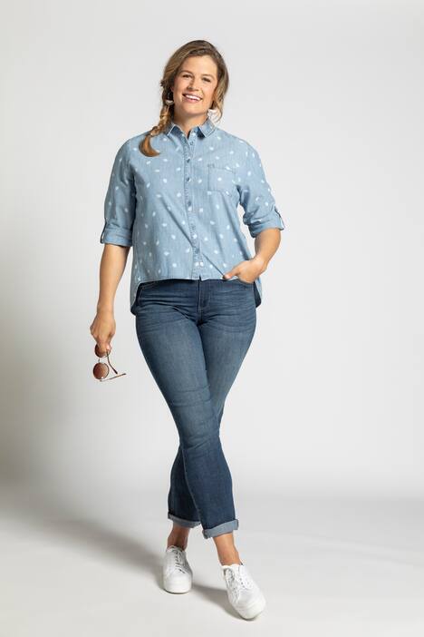 Hemdbluse, Denimoptik, Blattmuster, Krempelriegel