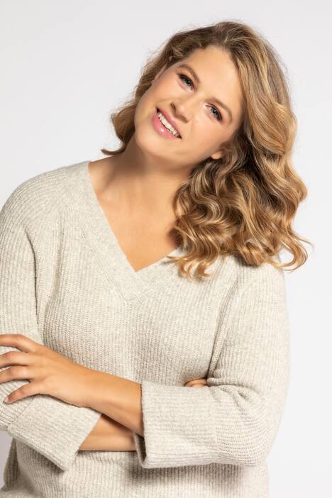 Pullover, V-Ausschnitt, 3/4-Arm, weicher Feinstrick