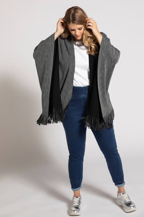 Reversible Fringe Edge Open Front Knit Poncho