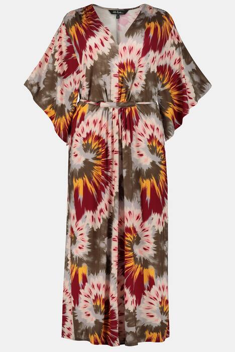 Kleid, Batikblüten, Ausschnitt-Raffung, Zipfelärmel
