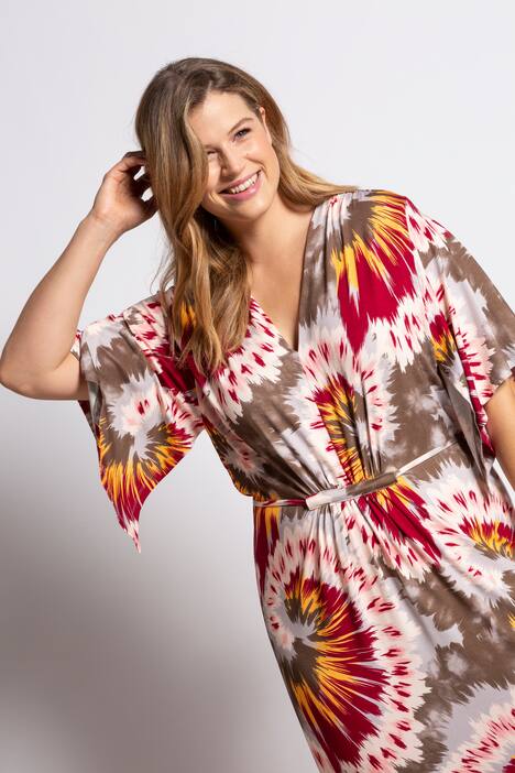 Kleid, Batikblüten, Ausschnitt-Raffung, Zipfelärmel