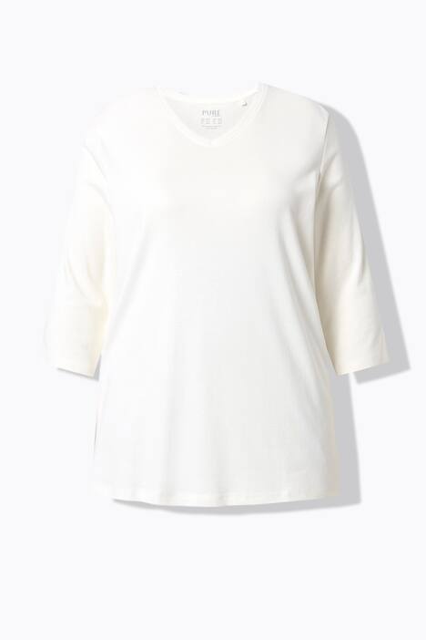 T-shirt, jersey bord-côte. Col en V et manches 3/4. Coton bio