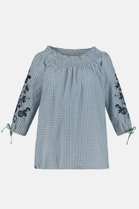 Trachtenbluse, Vichy-Karo, Carmen-Ausschnitt, Stickerei