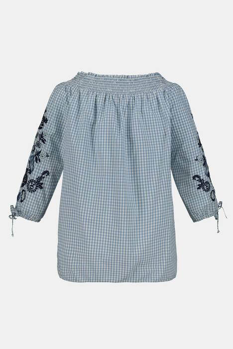 Trachtenbluse, Vichy-Karo, Carmen-Ausschnitt, Stickerei