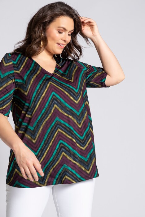 Zig Zag Print A-line Fit Slinky Stretch Knit Top