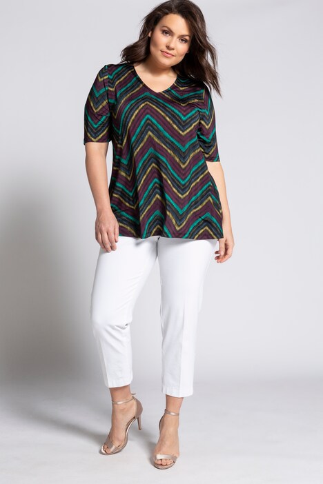 Zig Zag Print A-line Fit Slinky Stretch Knit Top