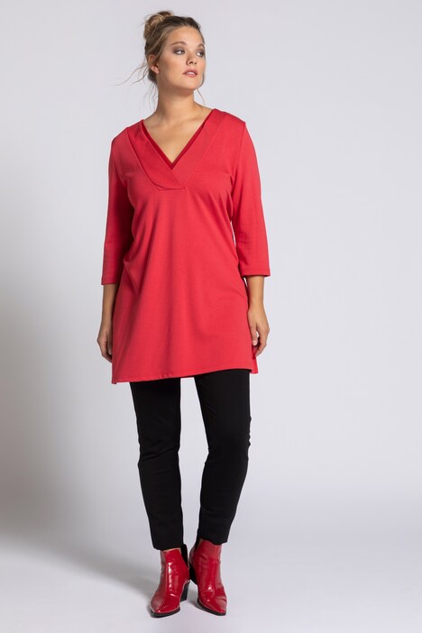 Chiffon V-Neck Inset A-line Fit Stretch Knit Tunic