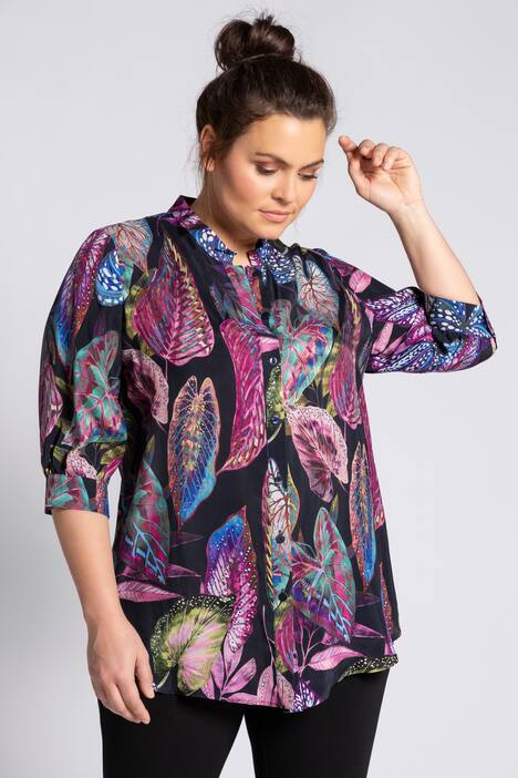 Longbluse, Cupro mit Blätter-Design, 3/4-Ärmel, selection