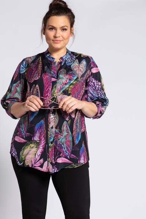 Longbluse, Cupro mit Blätter-Design, 3/4-Ärmel, selection