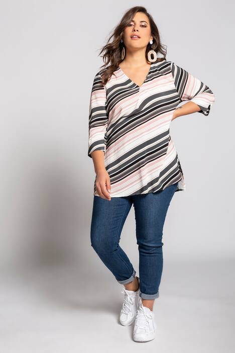 Bold Diagonal Stripe V-Neck Crepe Blouse