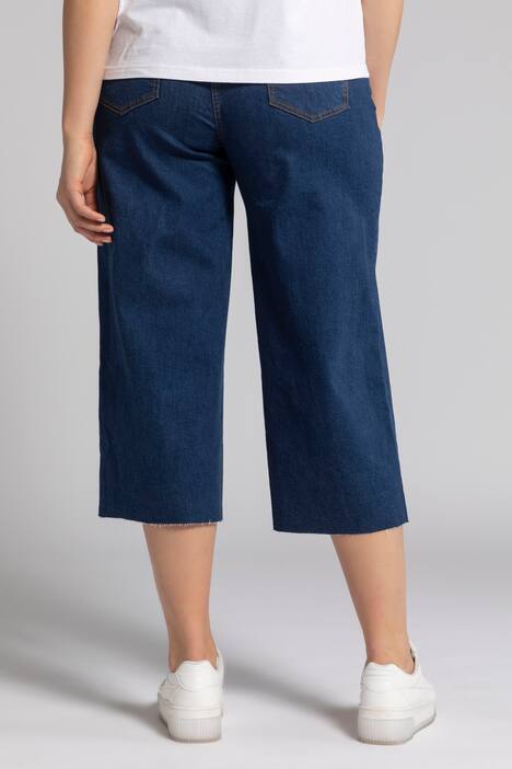Jeans Culotte, weites Bein, Elastikbund, 5-Pocket, Fransensaum
