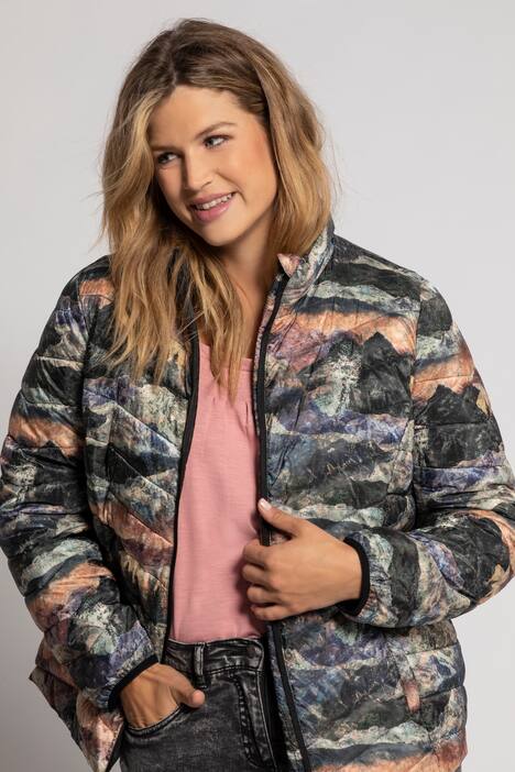 Steppjacke, Landschafts-Druck, Stehkragen, Komplettfutter