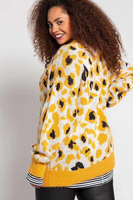 Strickpullover, Rundhals, Oversized, Langarm, Leo-Muster, Jacquard