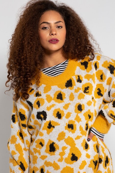 Strickpullover, Rundhals, Oversized, Langarm, Leo-Muster, Jacquard