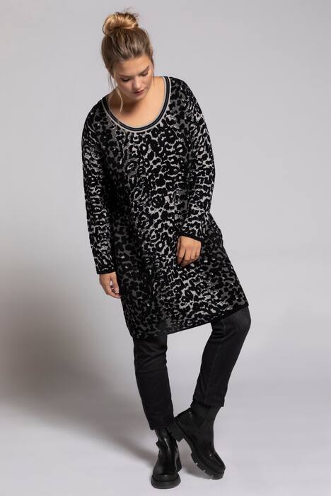 Long Pullover, Rundhals, Langarm, Leo-Jacquard