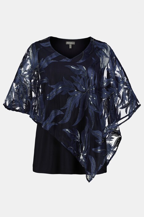 Sequin Accent Embroidered Overlay V-Neck Top