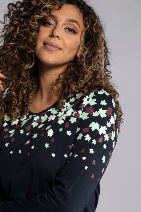 Eco Cotton Falling Leaf Placement Print V-Neck Tee