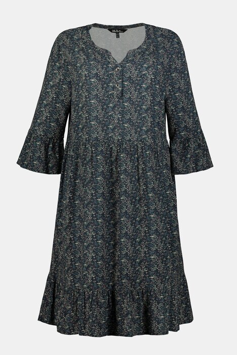 Tiny Leaf Print Flounce Sleeve Crepe Dress