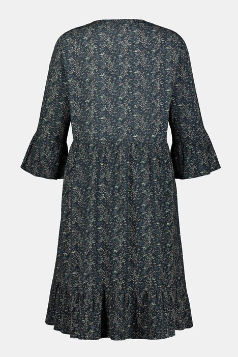 Tiny Leaf Print Flounce Sleeve Crepe Dress