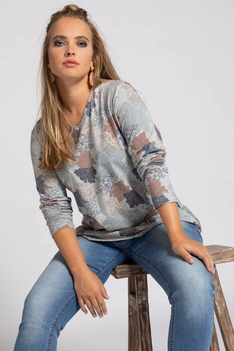 Shirt, Blättermuster, Classic, V-Ausschnitt, Langarm