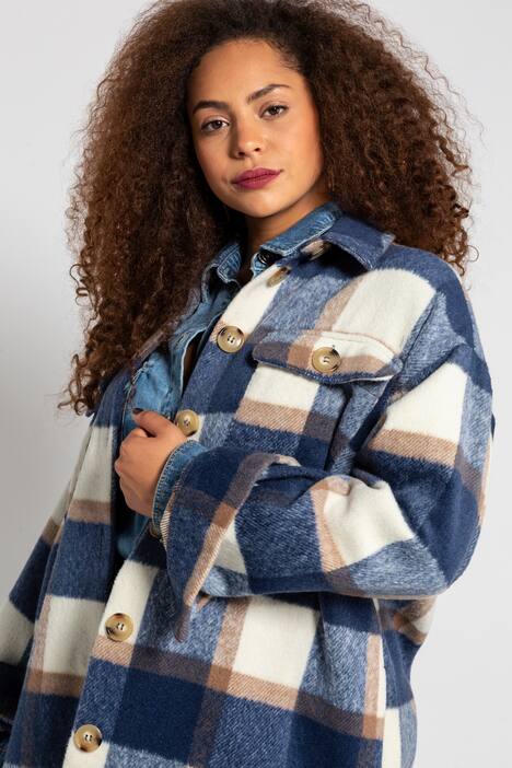 Hemdjacke, Oversized, Langarm, Karo, aufgesetzte Taschen, soft geraut