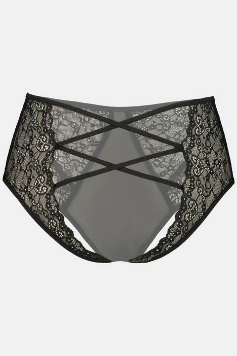 Slip taille haute, ouvert, dentelle transparente, lacets