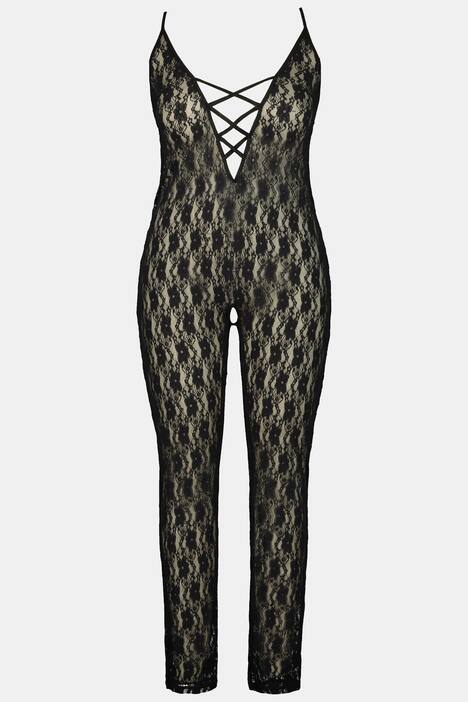 Catsuit ouvert, dentelle transparente, lacets, élastique