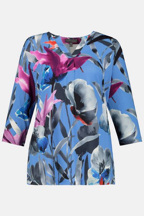 Slinkyshirt, A-Linie, V-Ausschnitt, Blütendesign, 3/4-Ärmel