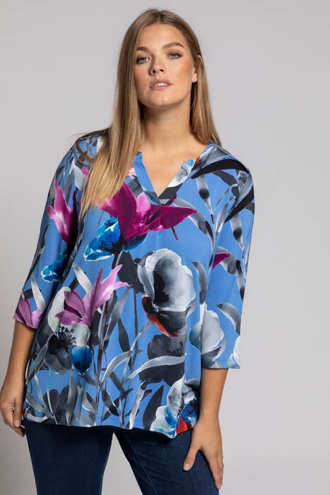 Slinkyshirt, A-Linie, V-Ausschnitt, Blütendesign, 3/4-Ärmel