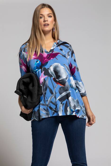 Slinkyshirt, A-Linie, V-Ausschnitt, Blütendesign, 3/4-Ärmel