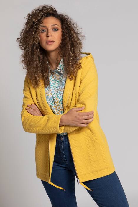 Long-Sweatjacke, Zopfstruktur, Kapuze, Saumband