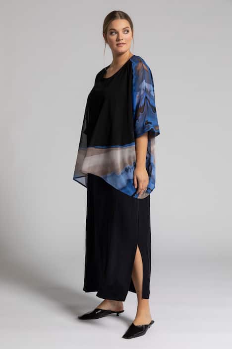 Slinkykleid, Chiffon-Überwurf, Batik-Design, Midi