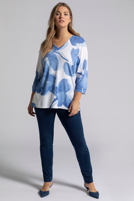 Pullover, Blüten-Design, 3/4-Ärmel, V-Ausschnitt