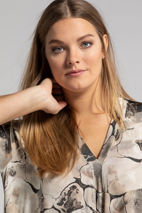Marbled Print A-line Fit Slinky Stretch Knit Top