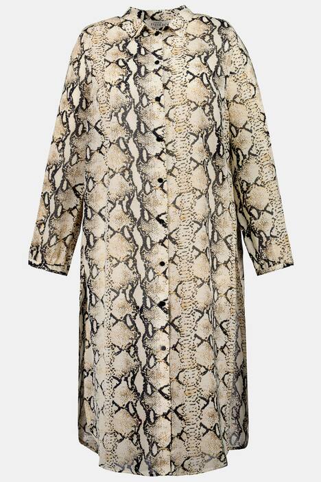 Longbluse, Hemdkragen, Langarm, Schlangen Print, Seitenschlitze