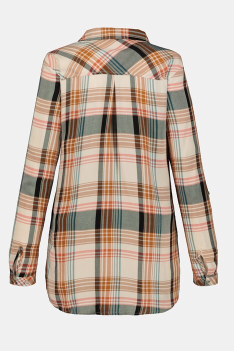 Longbluse, Karomuster, gerundeter Saum, Langarm