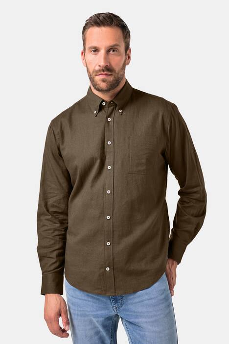 Chemise en lin mélangé. Manches longues et col à pointes boutonnées - coupe Modern Fit