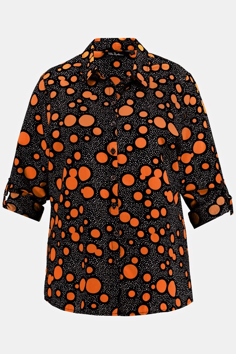 blouse, stippen, goudkleurige knopen, lange mouwen, oprolpatje