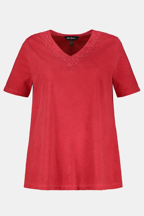 Crochet Trim V-Neck Cold Dye Slub Yarn Tee