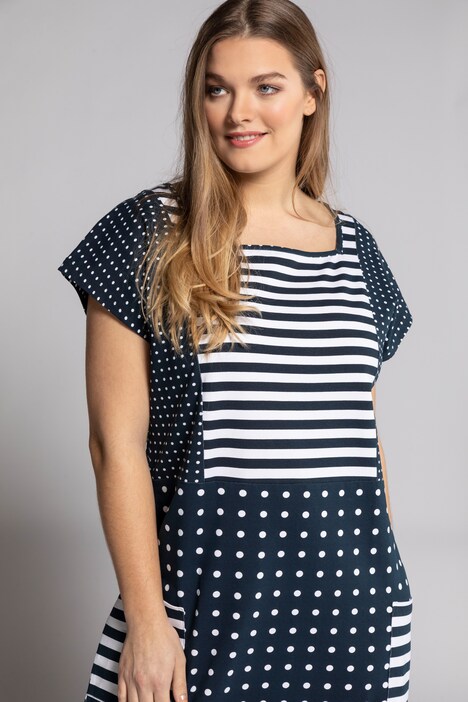 Robe midi, pois, rayures, encolure carrée