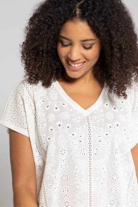 T-Shirt, Lochstickerei, Oversized, Halbarm