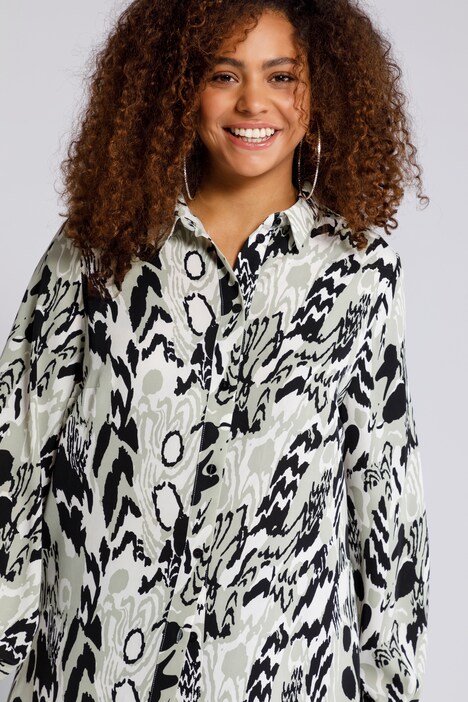 Longbluse, Hemdkragen, Langarm, Animal Print, Seitenschlitze