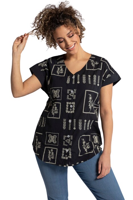 Halenka, oversize, výstřih do V, krátké rukávy, výšivka