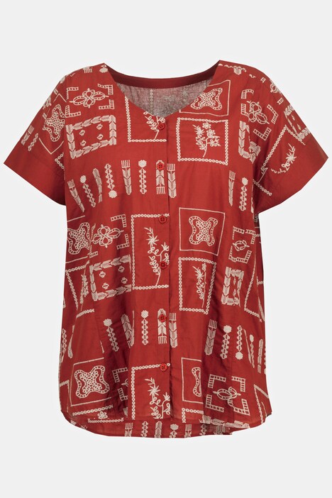 Bluse, Lochstickerei, Oversized, V-Ausschnitt, Halbarm