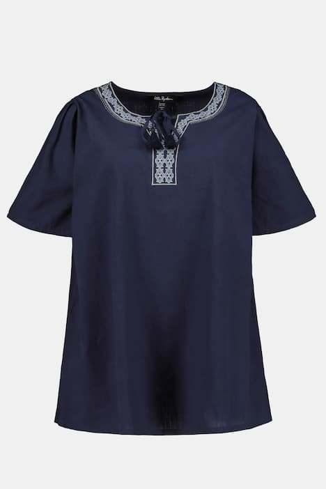 Bluse, Stickerei, Tunika-Ausschnitt, Glocken-Halbarm