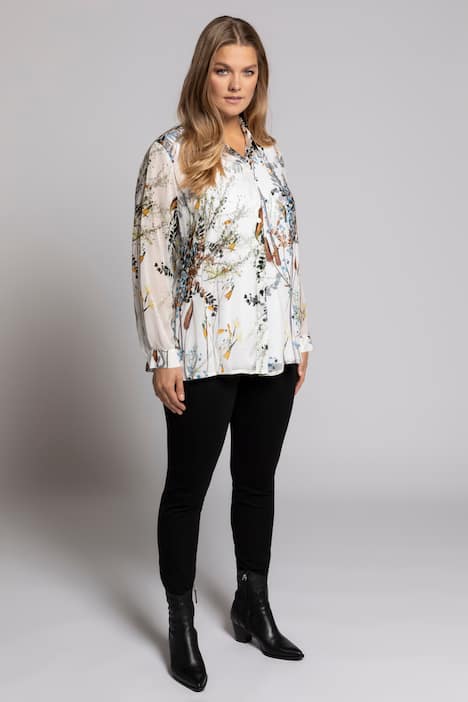 Hemdbluse, transparent, Blütendesign, Langarm
