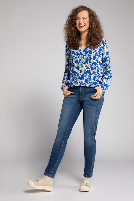 Bluse, gemustert, V-Ausschnitt, Langarm