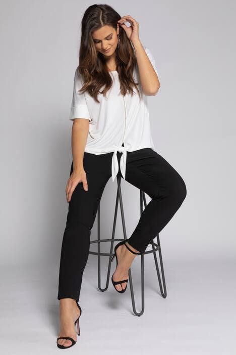 Mixed Fabric Tie Hem Rhinestone Trim Top